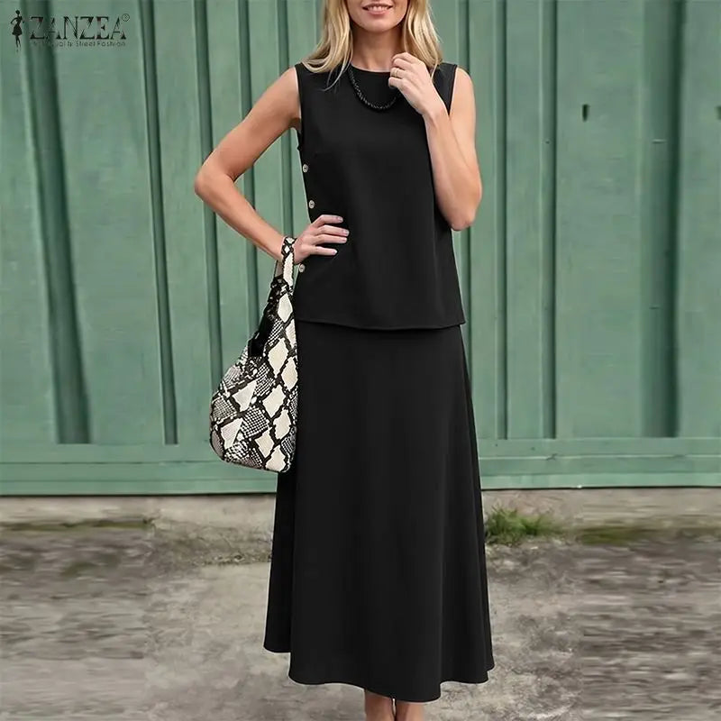 Stylish O Neck Sleeveless Tanks Tops Dress Sets ZANZEA Summer Women 2 Pieces Outfits Tracksuit Casual  Solid Color Skirt Suit
