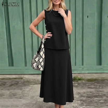Stylish O Neck Sleeveless Tanks Tops Dress Sets ZANZEA Summer Women 2 Pieces Outfits Tracksuit Casual  Solid Color Skirt Suit