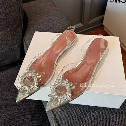 Summer Crystal Flower High Heels Women Transparent PVC Cup Heels Sandals Pointed Toe Back Strap Sandalias Sexy Party Dress Shoes