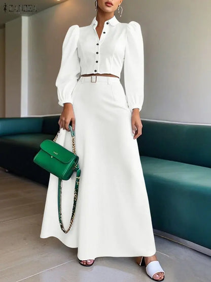 Fashion 2026 Spring Outfits ZANZEA Women 2 Piece Sets Elegant Long Sleeve Blouse Dress Sets Stylish OL Tracksuit Streetwear Suit