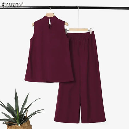 ZANZEA Women Minimalist 2pcs Matching Pant Sets Turtleneck Sleeveless Tops & Wide Leg Pants Suits Summer Commute 2 Piece Outfits