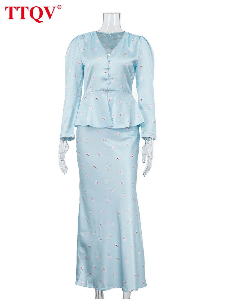 TTQV Fashion Slim Print Women's Two Pieces Set 2026 Elegant Long Sleeve Shirt With High Waist Long Skirt Set Female Clothing