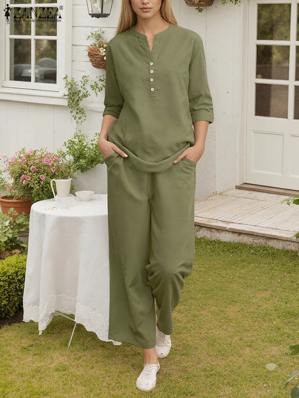 2025 Autumn Pant Sets ZANZEA Women 2PCS Outfits Elegant 3/4 Sleeve Blouse Wide Leg Trousers Suit Fashion Solid OL Work Tracksuit