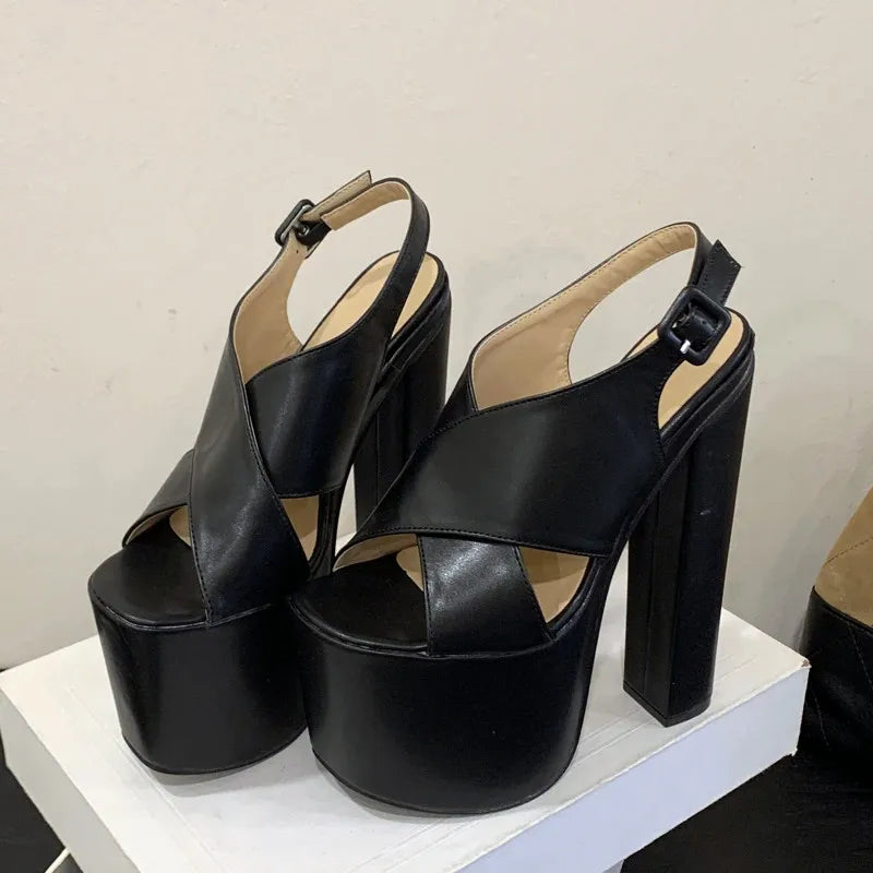 Fashion Cross Strap Chunky Platform Sandals Women Sexy Open Toe 18cm High Heels for Ladies Slingback Buckle Strap Gladiator Shoe