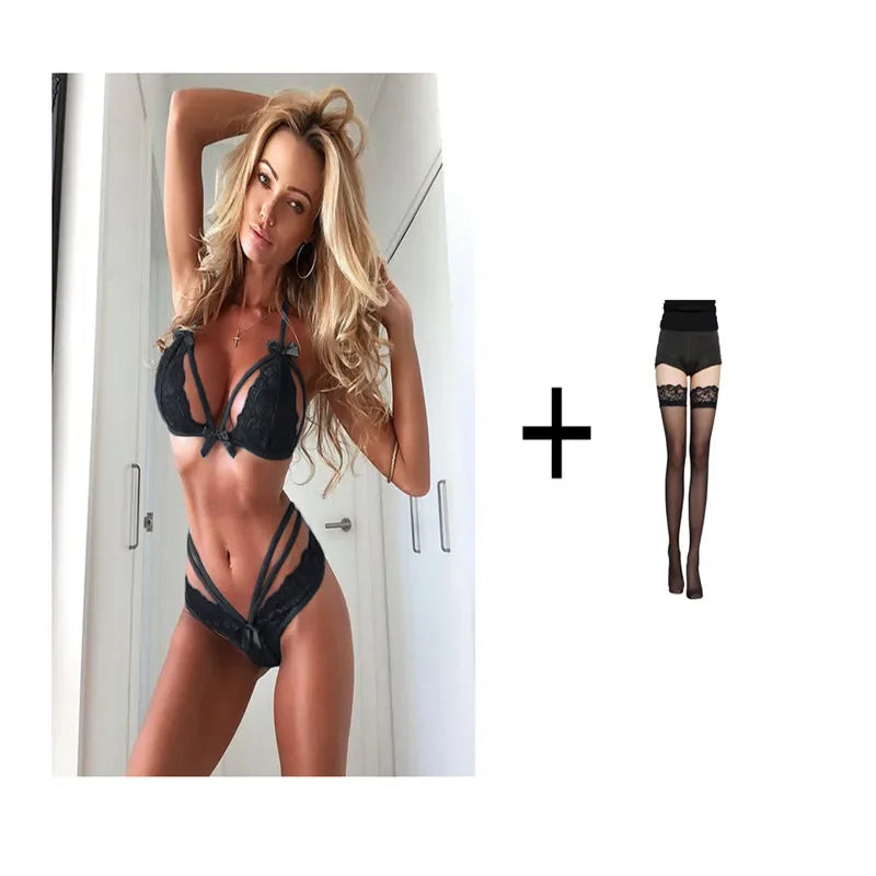 Women's Lingerie Set Sexy Lace Underwear See Through Bikini Erotic Bra for Ladies Low-waisted Thong Solid Color Erotic Lingerie