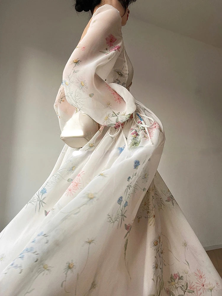 French Elegant Floral Midi Dress Chiffon Long Sleeve Evening Party Dress Woman Beach Fairy One Piece Dress Korean 2026 Summer