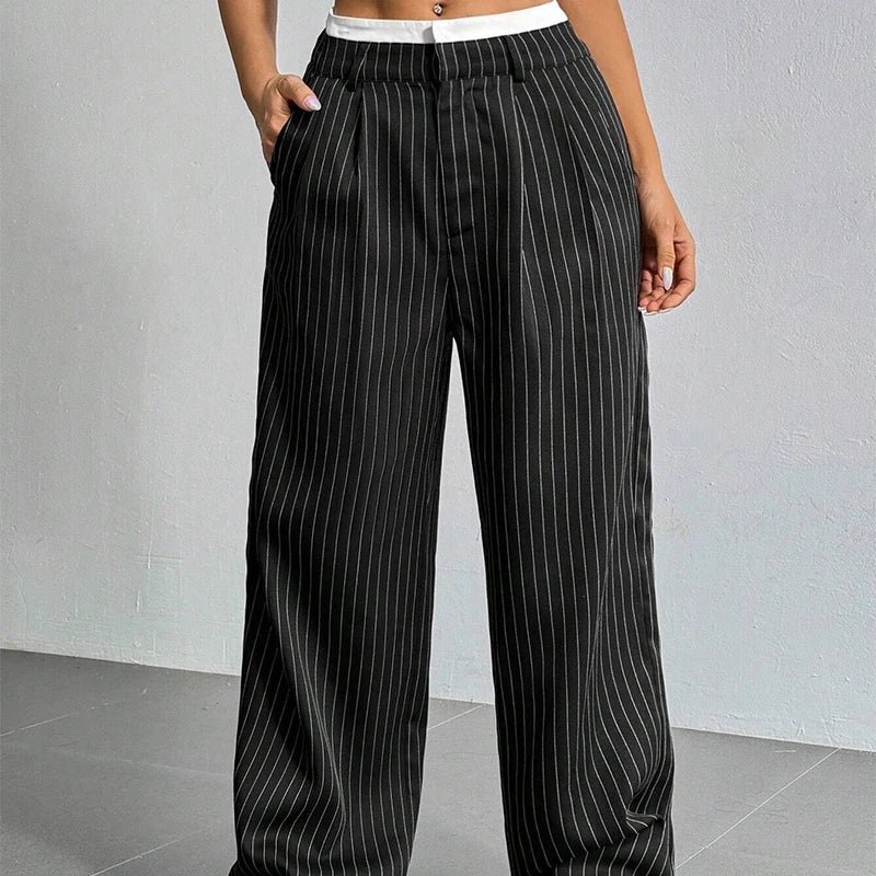 High Waist Stripe Printed Spliced Suit Trousers Women Casual Loose Straight Wide Pants Simple All-Match Draped Full Length Pants