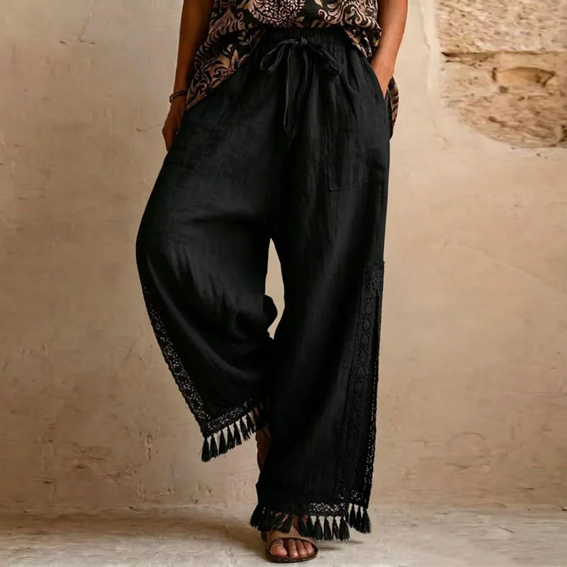 Women Solid Side Split Wide Leg Pants Elastic Drawstring Pockets Lace Tassel Loose Pants New Boho Summer Casual Holiday Trousers
