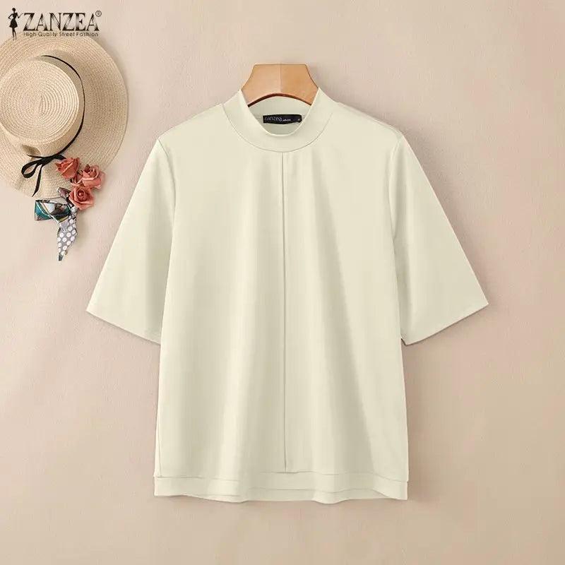 ZANZEA 2026 Minimalist Summer Woman T-Shirts Mock Neck Short Sleeves Seam Detail Solid Color Tees Casual Day Wear Tops 200G
