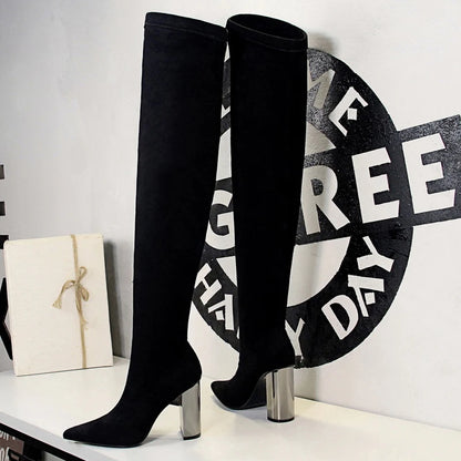 BIGTREE Shoes Women Sexy Over The Knee Boots Pointed Top Stretch Boots Thick Heel High Boots Black Long Boots Autumn Winter Shoe