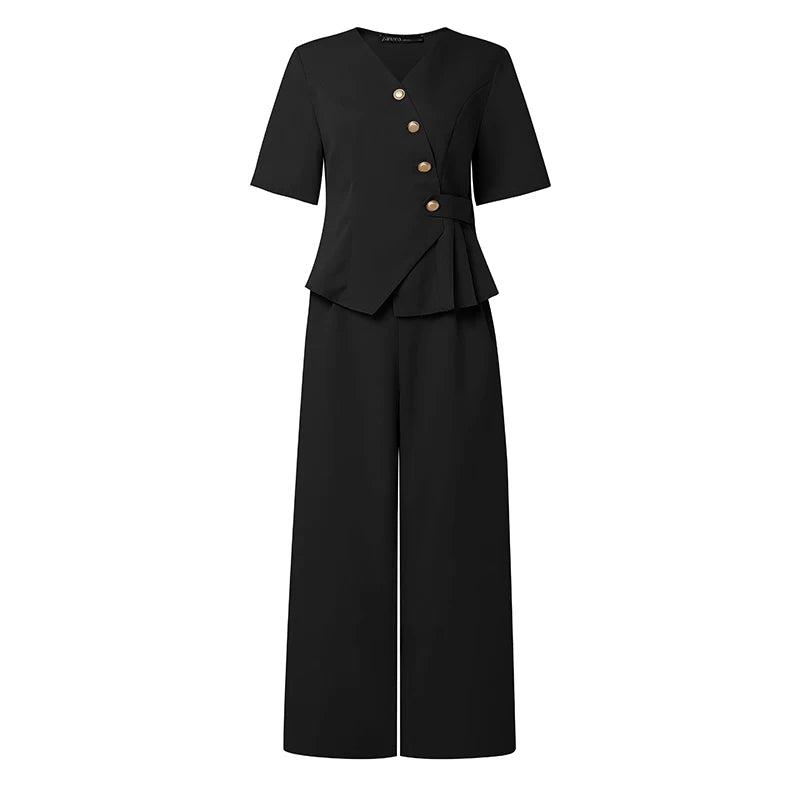 ZANZEA Summer 2 Pieces Sets Elegant V Neck Short Sleeve Blouse Pant Sets 2026 Stylish Women OL Work Outfit Solid Color Tracksuit