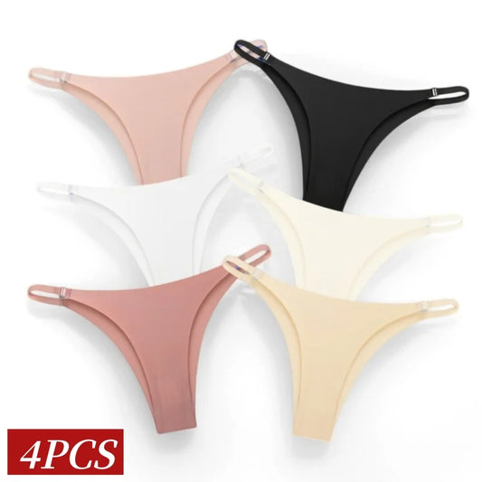 4Pcs/Set Women Ice Silk Low Rise Briefs with Decorative Side Buckle Sexy Brazilian Panties Seamless Underwear Lingerie S-XL