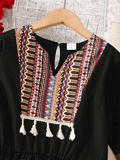 Middle East Girls Casual Mid-Sleeve Midi Dress Summer Ethnic Style Children's Clothing Long Dress for Big Kids