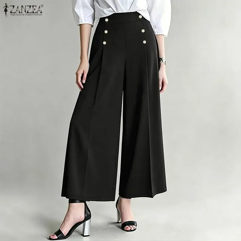 ZANZEA Summer Women High Waist Officewear Pants Stylish Pleated Trousers Elegant Casual Solid Loose Wide Leg Pantalon Streetwear