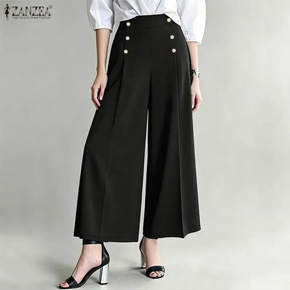 ZANZEA Summer Women High Waist Officewear Pants Stylish Pleated Trousers Elegant Casual Solid Loose Wide Leg Pantalon Streetwear