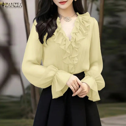 ZANZEA Elegant Ruffles Trim Women's Shirts Classy V-Neck Flared Sleeves Pintuck Detailed Button Up Purple Blouses Woman Clothes