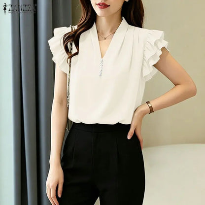 ZANZEA Women Sophisticated Elegant Flying Sleeves Blouses V-Neck Pearls Detail Solid Color Tops Summer Pleated Blusas de Mujer