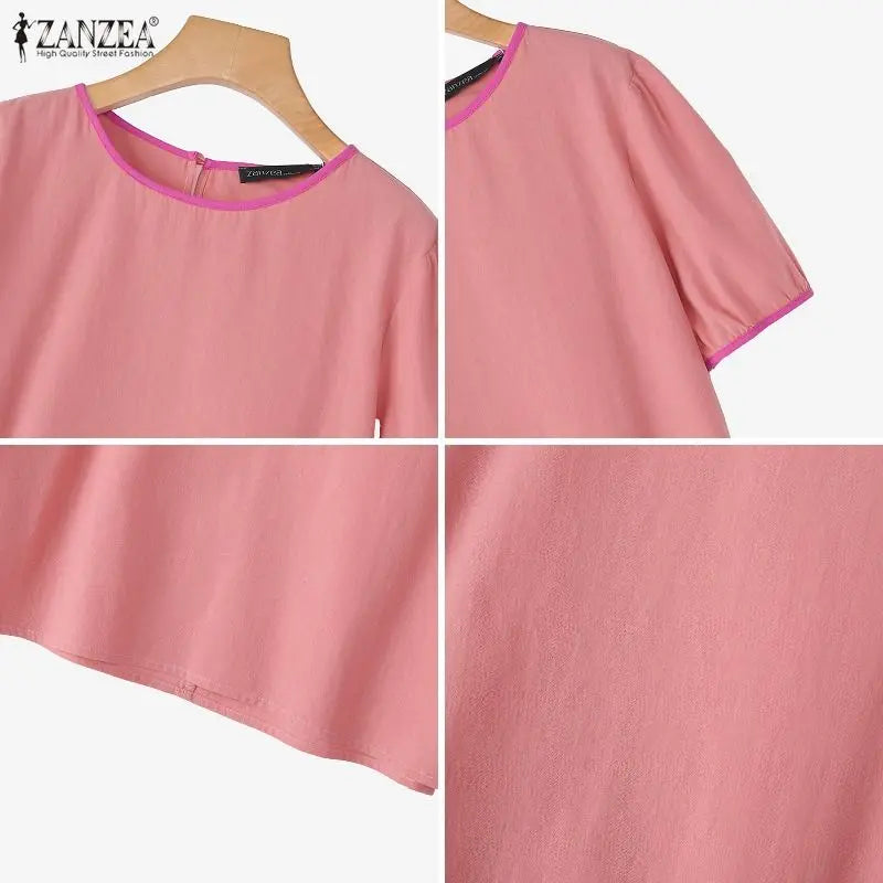 ZANZEA Women Summer Blouse Short Puff Sleeve Patchwork Casual O Neck Fashion Blusas OL Work Tops Oversize Tunic Streetwear