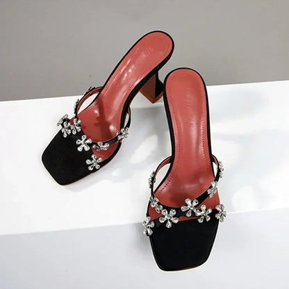 Shiny Crystal Flowers Decorative Women's Sandals 2025 Elegant High Heeled Slide Sandals for Women Cross Strap Summer High Heels