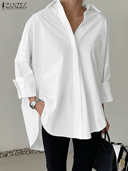 ZANZEA Oversized Woman White Shirts Turn-Down Collar Long Sleeve Button Up High-Low Solid Color Blouse 2026 Autumn Streetwear