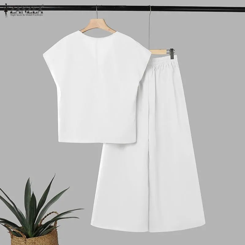ZANZEA 2PCS Elegant V Neck Short Sleeve Blouse Pant Sets Summer Women Matching Sets Solid Color OL Outfit Wide Leg Trousers Suit