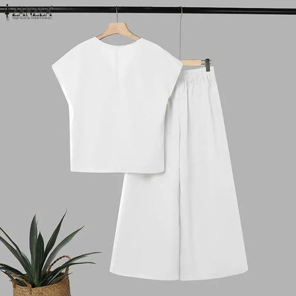 ZANZEA 2PCS Elegant V Neck Short Sleeve Blouse Pant Sets Summer Women Matching Sets Solid Color OL Outfit Wide Leg Trousers Suit