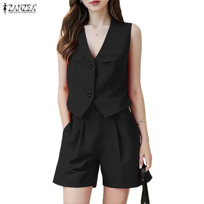ZANZEA Woman Short Suits Summer Sleeveless Vests Tops & Elastic Waist Shorts 2 Pieces Sets Casual Commuting Solid Color Outfits