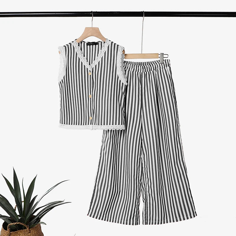 ZANZEA Summer Elegant V Neck Sleeveless Striped Lace Trim Blouse Pants Sets Women Outfits Casual OL Work Tracksuit 2 Pieces Sets