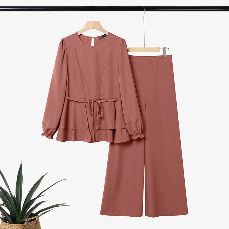 ZANZEA Women Muslim 2 Piece Sets Summer O Neck Long Sleeve Ruffled Hem Blouse Wid Leg Pants Sets Ramadan Outfits Hijab Tracksuit