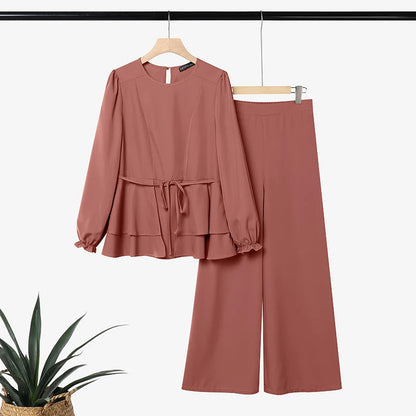 ZANZEA Women Muslim 2 Piece Sets Summer O Neck Long Sleeve Ruffled Hem Blouse Wid Leg Pants Sets Ramadan Outfits Hijab Tracksuit