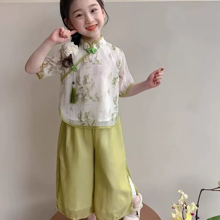 Fashion Chinese Tops Pants Girl Suit Casual Costume Kids Clothes Baby Outfit Summer Two-piece Set Girls Hanfu Children's Sets