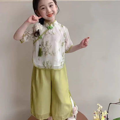 Fashion Chinese Tops Pants Girl Suit Casual Costume Kids Clothes Baby Outfit Summer Two-piece Set Girls Hanfu Children's Sets