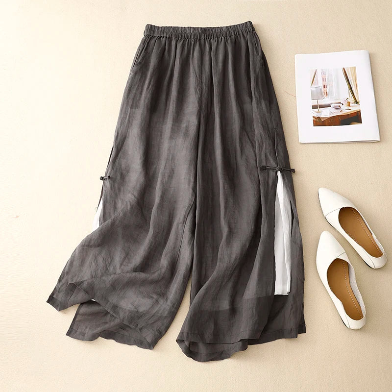 Gray Cotton Linen Casual Elastic High Waist With Lining Women's Pants Korean Fashion Wide Leg Ankle-Length Pants For Women 2024
