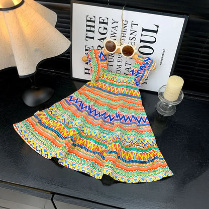 2026 Summer Girls Flutter Sleeve Dress Kids Printed Tiered Princess Dresses for 1-12Y Children Vacation Clothes