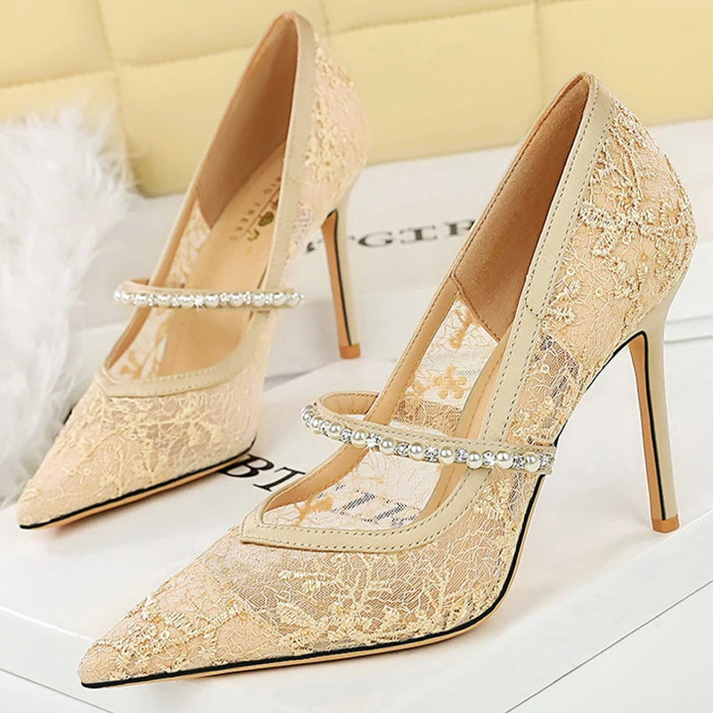 BIGTREE Shoes Rhinestone Pearl Women Pumps Lace High Heels Sexy Party Shoes Stiletto Heels Luxury Banquet Shoes Women Heels New