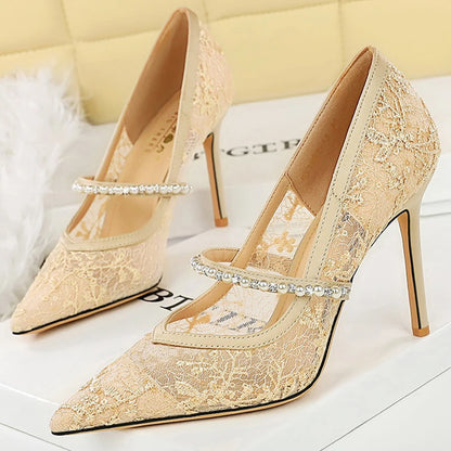 BIGTREE Shoes Rhinestone Pearl Women Pumps Lace High Heels Sexy Party Shoes Stiletto Heels Luxury Banquet Shoes Women Heels New