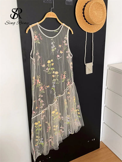 SINGREINY Holiday Floral Embroidery Long Dress 2026 Women O Neck Sleeveless Loose Irregular Summer French Mesh Bohemian Sundress