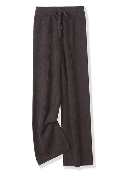 100% Merino Wool Pants Women Autumn Winter Casual Wide Leg Trousers Middle Seam Style Knitted Cashmere Soft Lace-up Trendy Pants