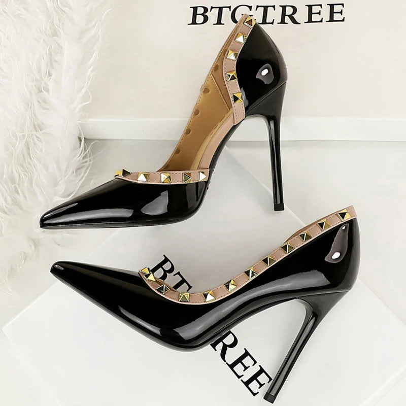 BIGTREE Shoes Rivet Design Women Pumps Patent Leather High Heels 10.5 CM Stiletto Sexy Party Shoes Women Heels Large Size 43