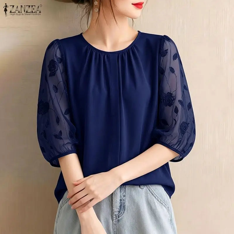 ZANZEA Sophisticated Elegant Floral Fil Coupe Patchwork 3/4 Sleeve Blouses Women Gathered O-Neck Top Solid Color Blusas de Mujer