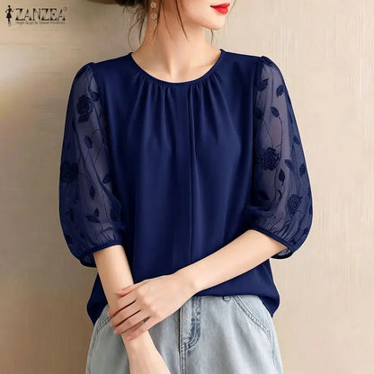 ZANZEA Sophisticated Elegant Floral Fil Coupe Patchwork 3/4 Sleeve Blouses Women Gathered O-Neck Top Solid Color Blusas de Mujer