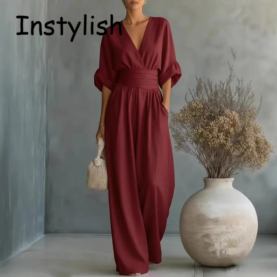 Women Elegant High Waist Jumpsuits Summer Short Sleeve Wide Leg Pants Romper Casual V Neck Solid Loose Jumpsuits Streetwear