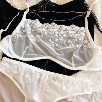 Sexy Lace Flower Embroidery Lingerie Set for Women French Ultra-thin Mesh Transparent Bra Detachable Decoration Chain Underwear