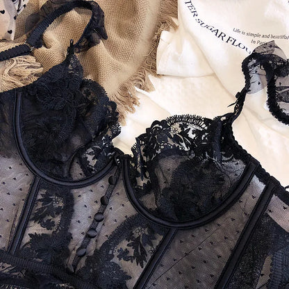 Hot Sale French Sexy Lingerie Set for Women Ultra Thin See Through Bra Panty Set Embroidery Lace Shaping Camisole Underwear Set