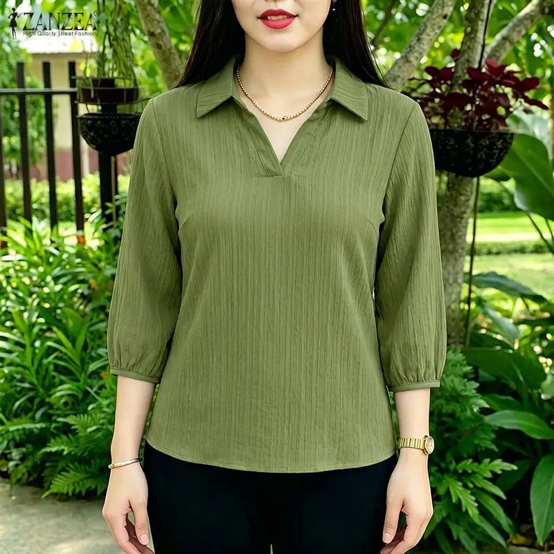 ZANZEA 2026 Summer Woman Textured Blouses Turn-Down Collar 3/4 Puff Sleeve Solid Color Pullover Tops Daily Casual Blusas Mujer