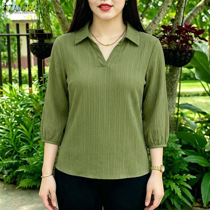 ZANZEA 2026 Summer Woman Textured Blouses Turn-Down Collar 3/4 Puff Sleeve Solid Color Pullover Tops Daily Casual Blusas Mujer