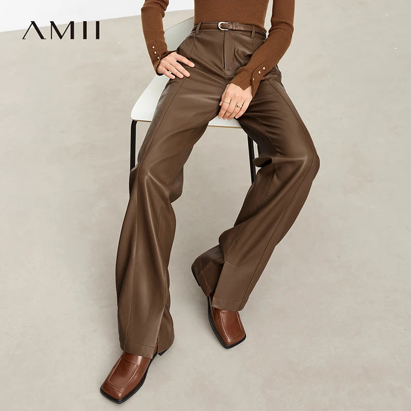 AMII Minimalist PU Leather Casual Pants for Women 2025 Autumn New Loose Floor Length Straight Slit Female Trousers 12343250