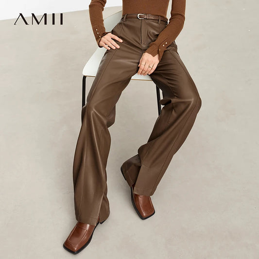 AMII Minimalist PU Leather Casual Pants for Women 2025 Autumn New Loose Floor Length Straight Slit Female Trousers 12343250
