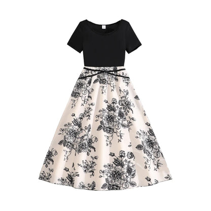 Girls 8-12 Black & White Floral Dress, Front Crew Neck Short Sleeve Belted Skirt/Back Plain Top & Skirt, Casual Daily Kids Dress