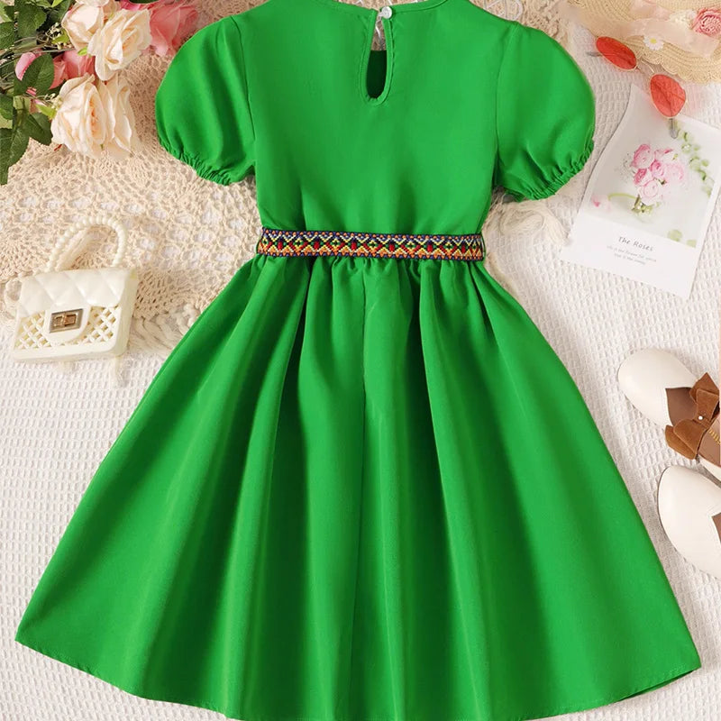 Summer Cute Girl Girl Detachable Belt Decoration Round Neck Short Sleeve Princess Dress Birthday Party Wedding Children's Dress